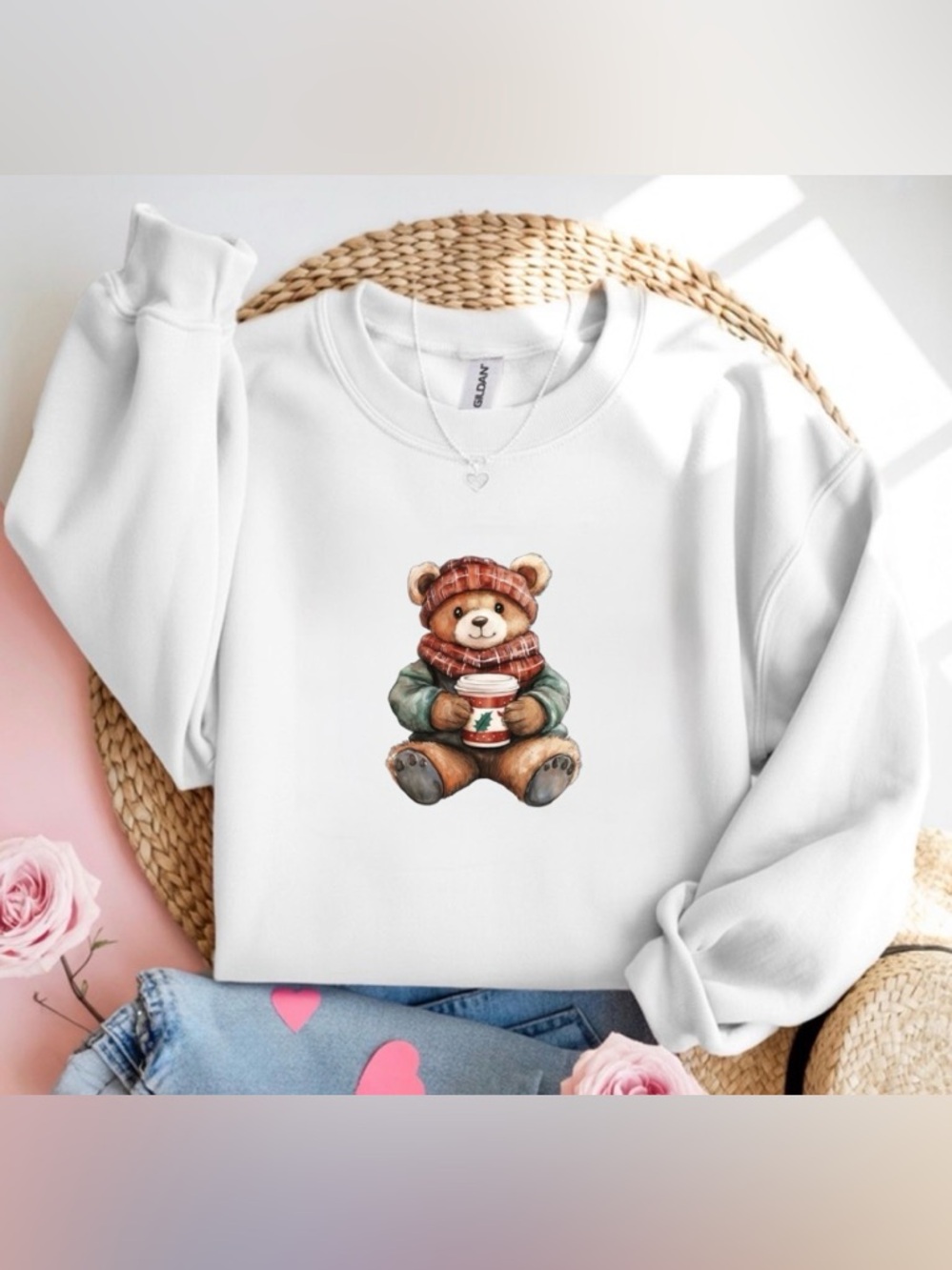 Cute Teddy Bear Coffee Crewneck Sweatshirt Cozy Winter White Gildan Top